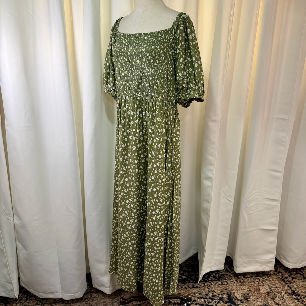 NWT Lulus ‘Strolls With You’ Olive Green Floral Print Puff Sleeve Maxi Dress 3X - Picture 7 of 15